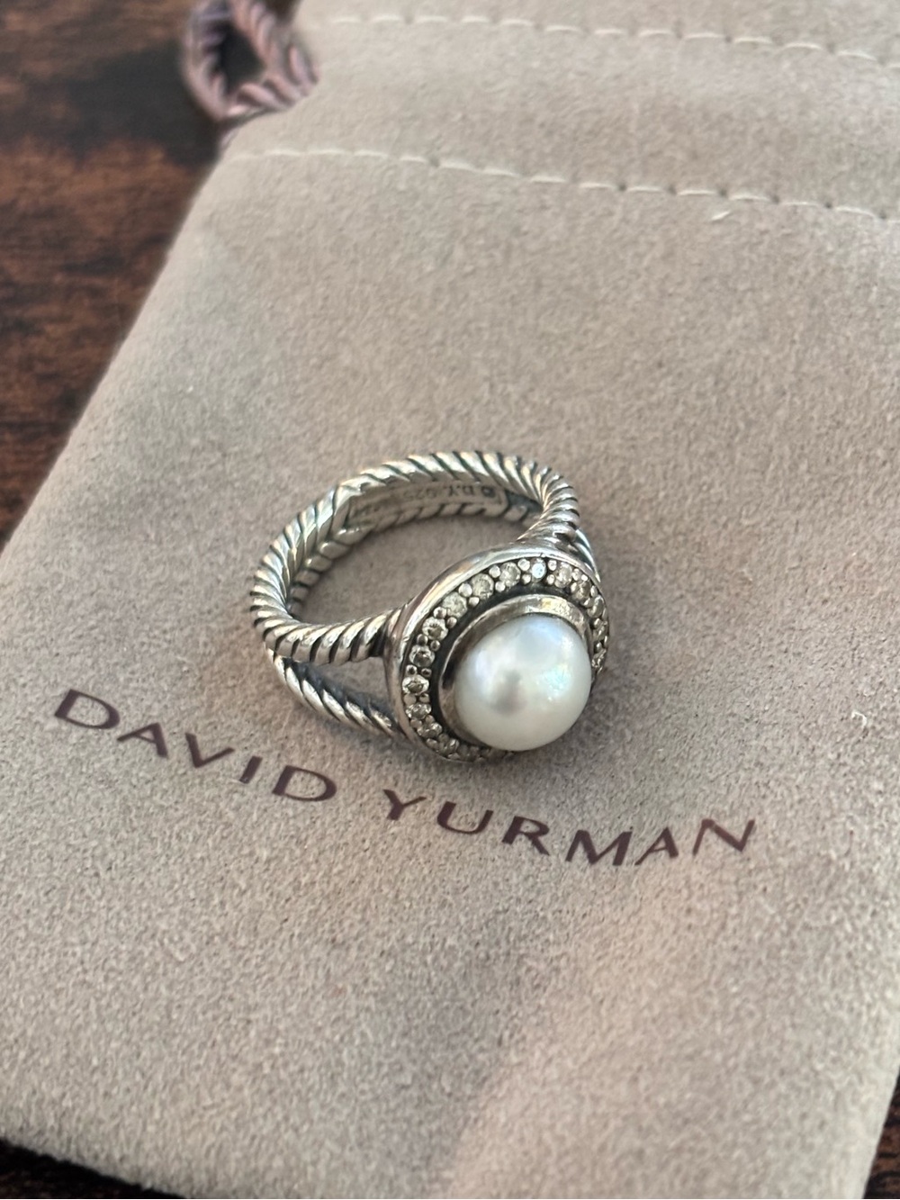 David Yurman Silver Cable Ring - Pearl and Diamond Halo - Albion collection - Picture 2 of 11
